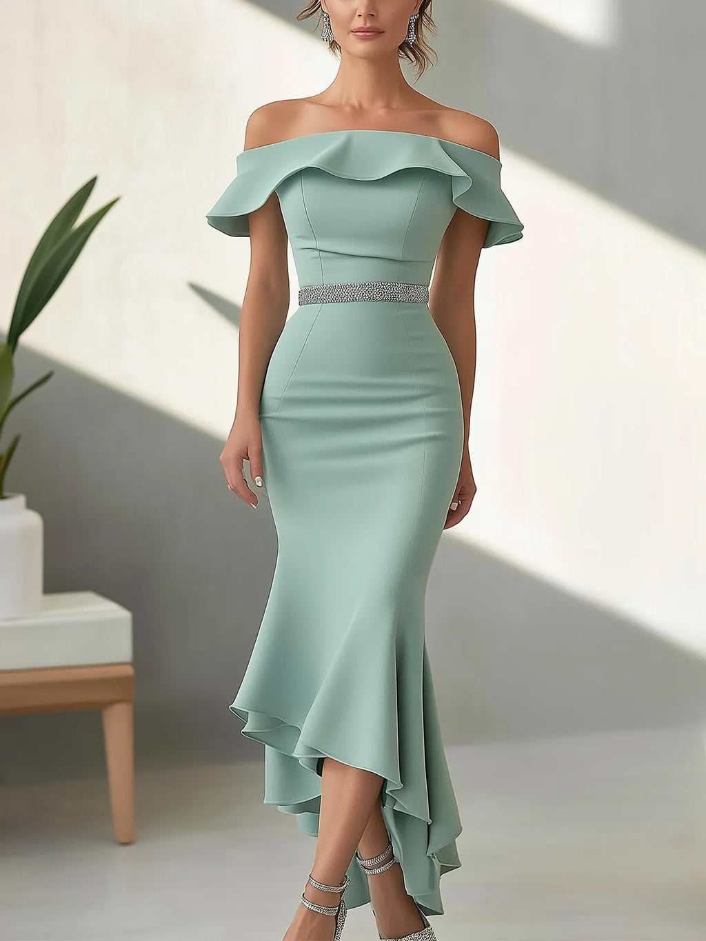 Mint Green Mermaid Dress with Ruffled Hem and Crystal Waist Accent