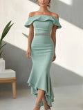 Mint Green Mermaid Dress with Ruffled Hem and Crystal Waist Accent
