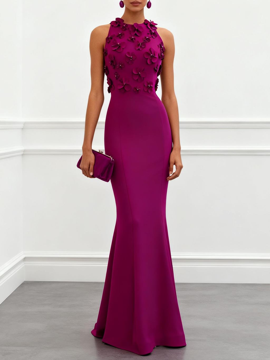 Purple 3D Floral Classic Crew Neck Sleeveless Mermaid Floor-length Gown Dress