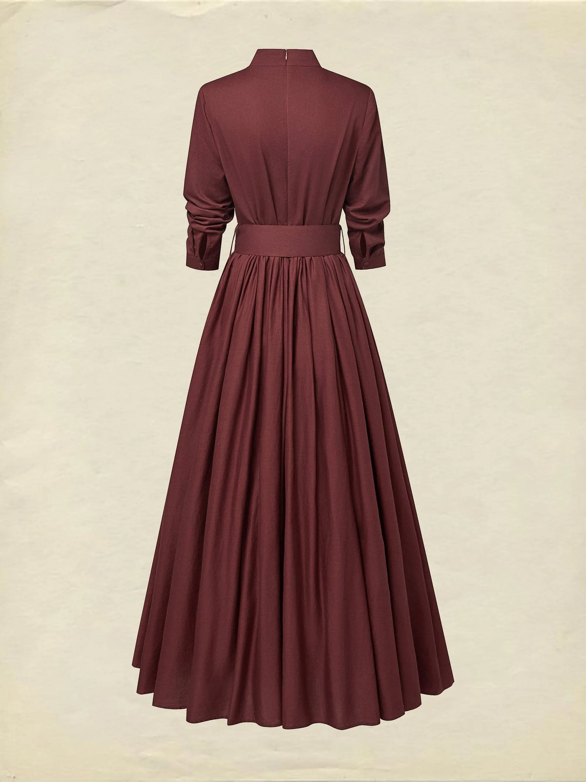 Maxi Linen Dress, Long Sleeves, Stand Collar, Plain, Button Design, Vintage, Red