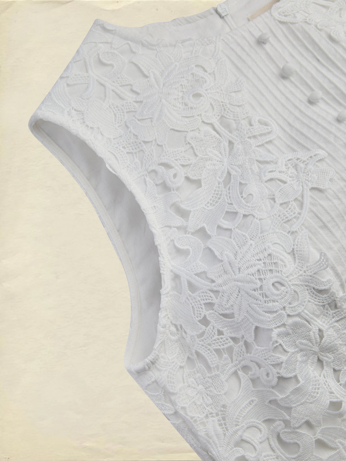 Midi Cotton Dress, Sleeveless, Round Neck, Plain, Lace, Vintage, White
