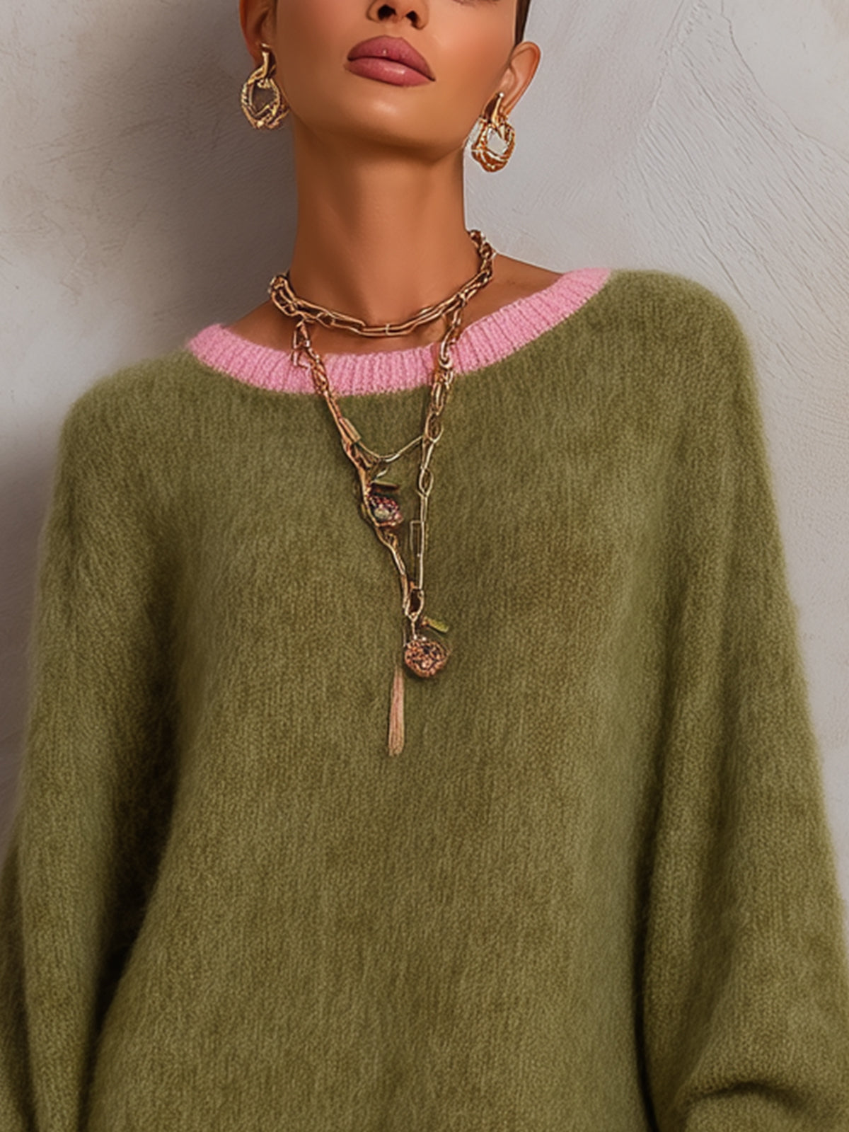 Olive Pink Fringe Trim Oversized Knit Mini Dress