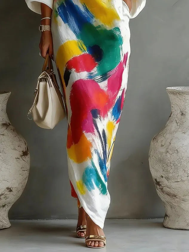 Casual Abstract Print H-Line Asymmetrical Maxi Dress With Belt