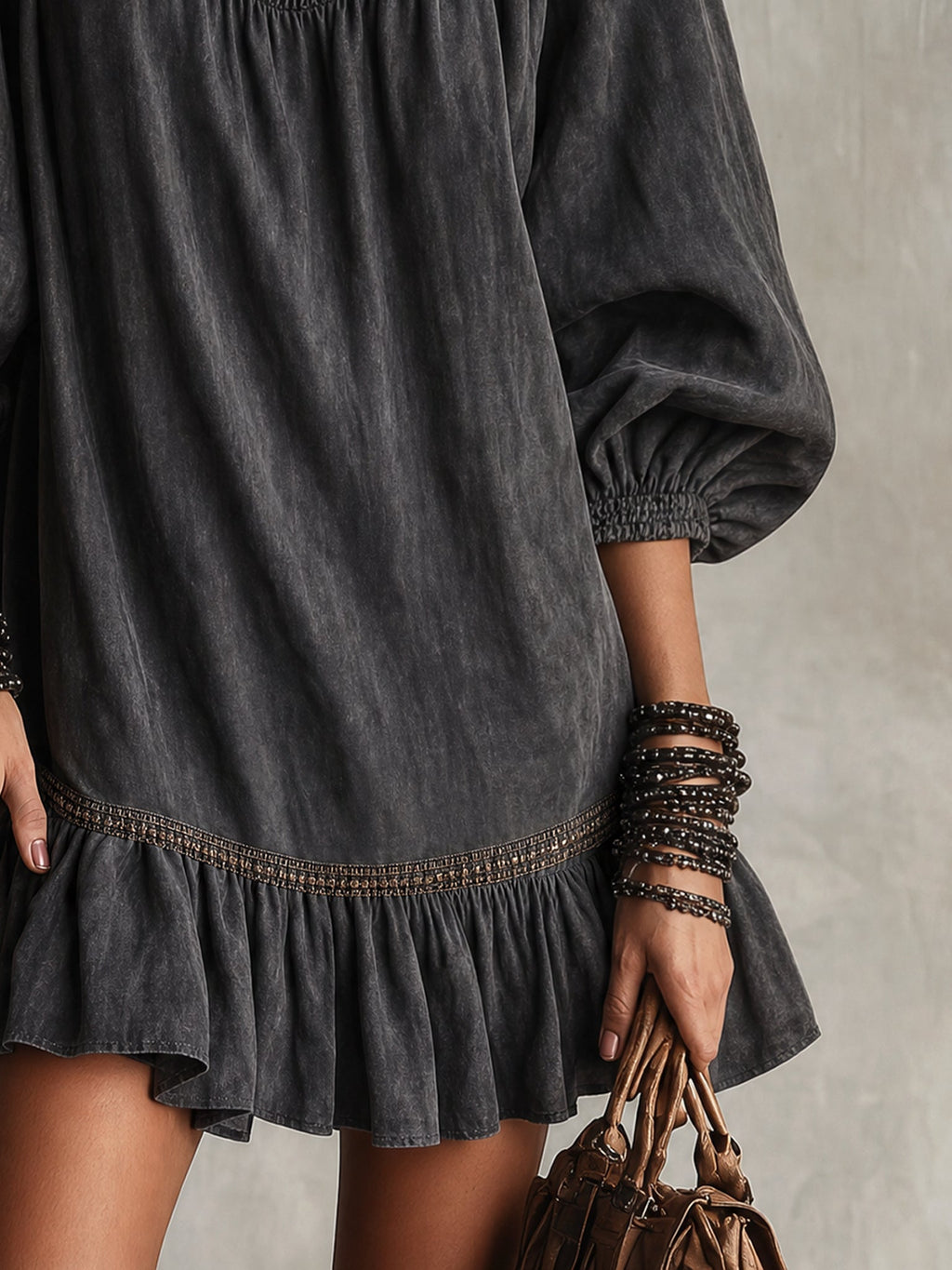 Black Washed Cotton V-Neck Loose Mini Dress