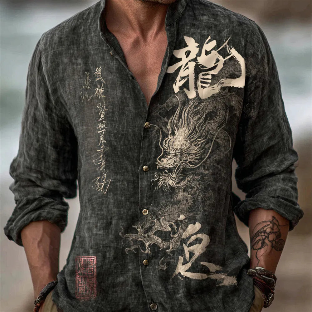 Japanese Zen-inspired Dragon Calligraphy Print Men's Linen Long-sleeve Shirt