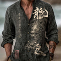 Japanese Zen-inspired Dragon Calligraphy Print Men's Linen Long-sleeve Shirt
