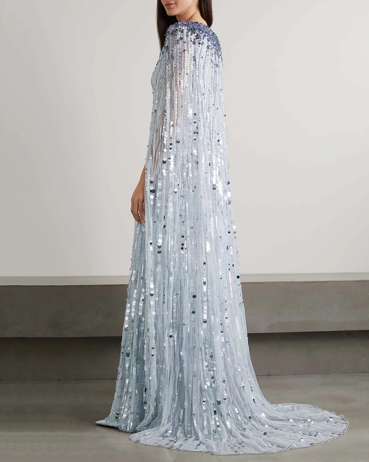 Elegant Cape-Effect Beaded Dress Gown