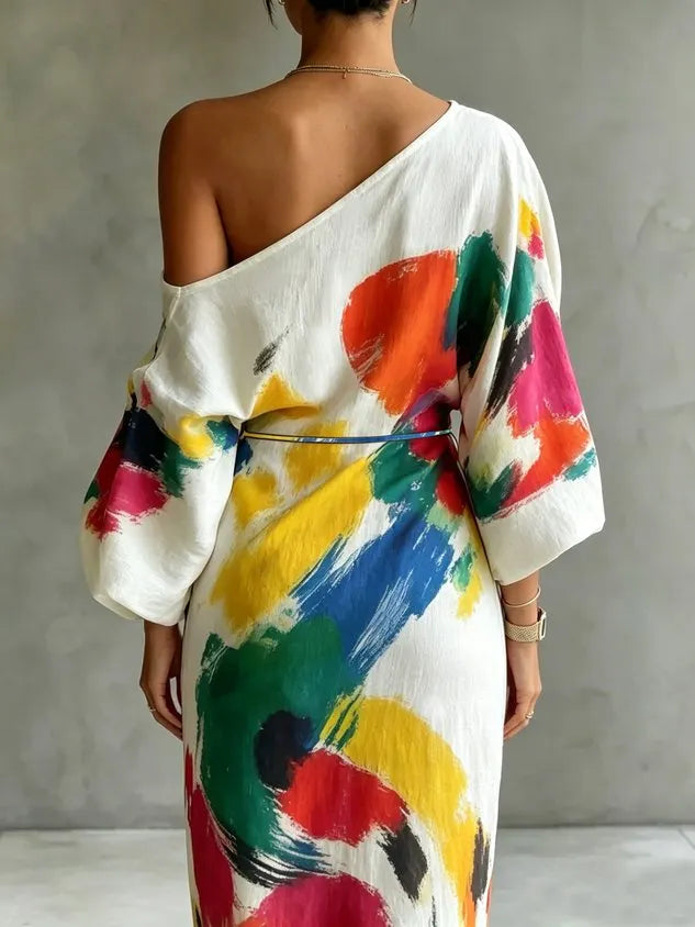 Casual Abstract Print H-Line Asymmetrical Maxi Dress With Belt