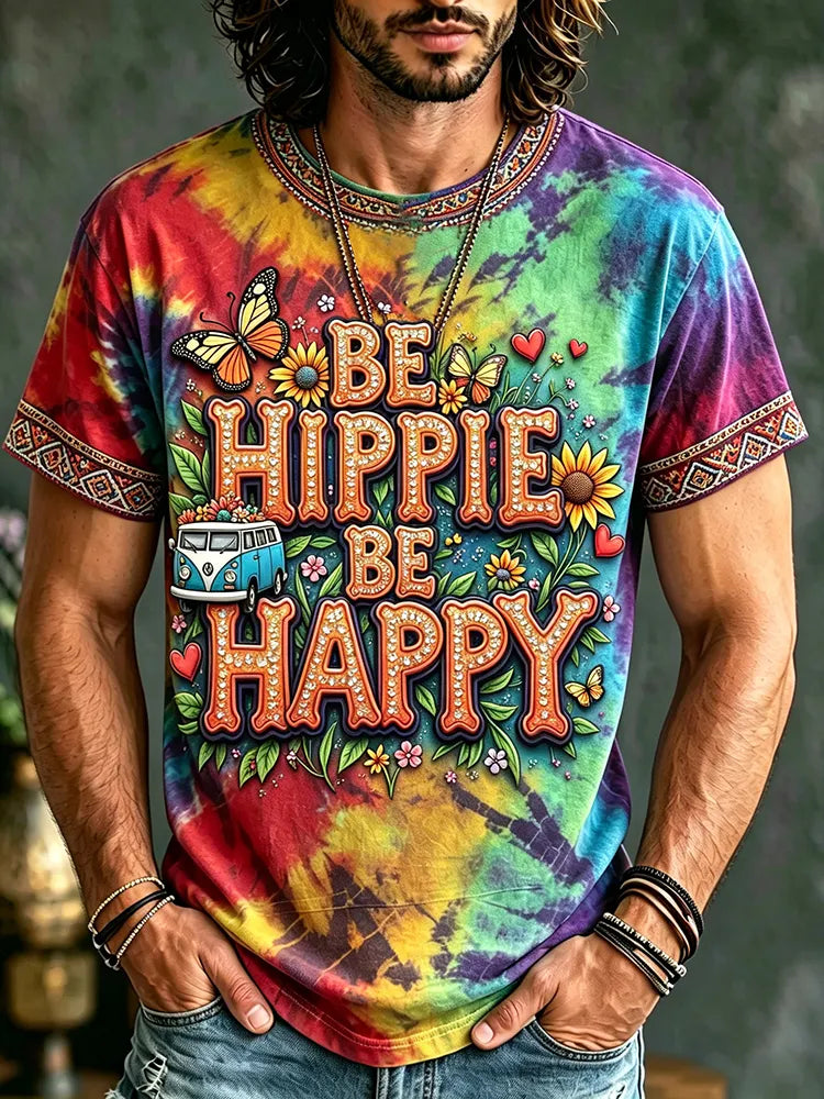 Men's Hippie Tie-dye Be Hippie Be Happy Printed Short-sleeved Linen Shirt