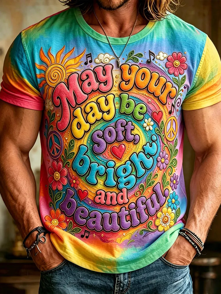 Hippie Slogan And Floral Art Distressed Tie-dye Print Loose Short-sleeved Top