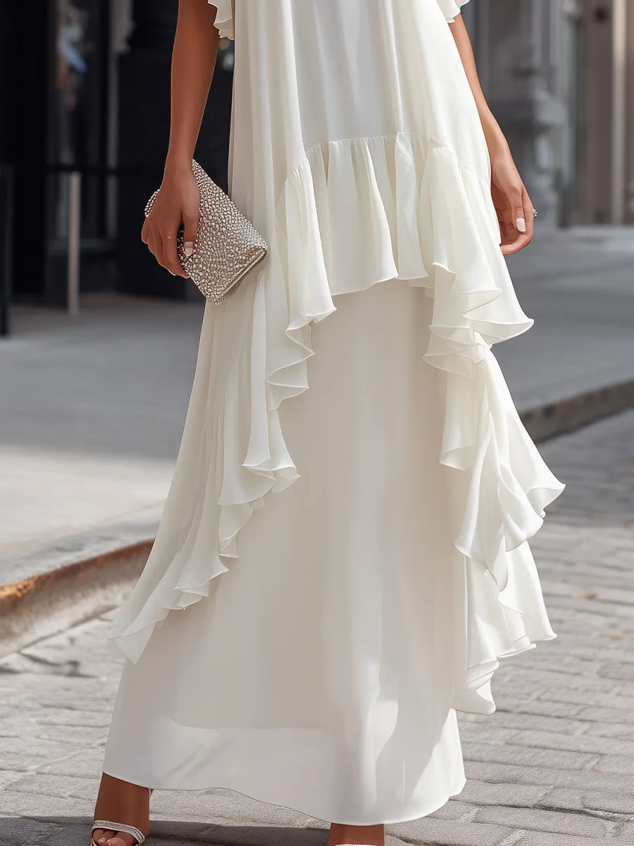 Layered Ruffle Sleeve Asymmetric Tiered Maxi Dress