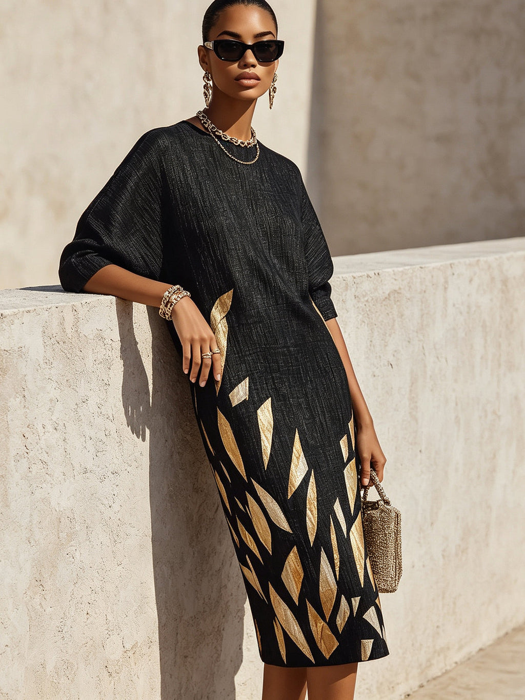 Black Oversized Textured Print Midi Dress