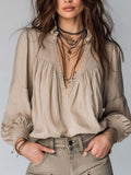Vintage Pleated Collar Lace Trim Cotton  Linen Blouse