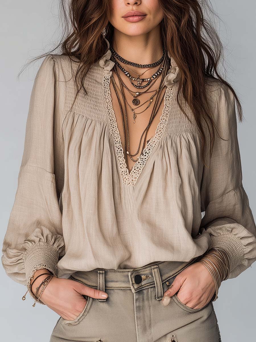 Vintage Pleated Collar Lace Trim Cotton  Linen Blouse