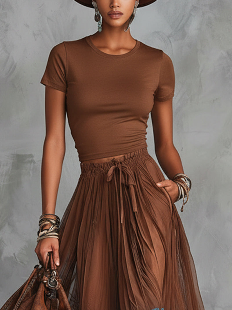 24-Hour-Shipping Brown Short Sleeve Shirt And Blue Lace-Trim Tulle Maxi Skirt Set