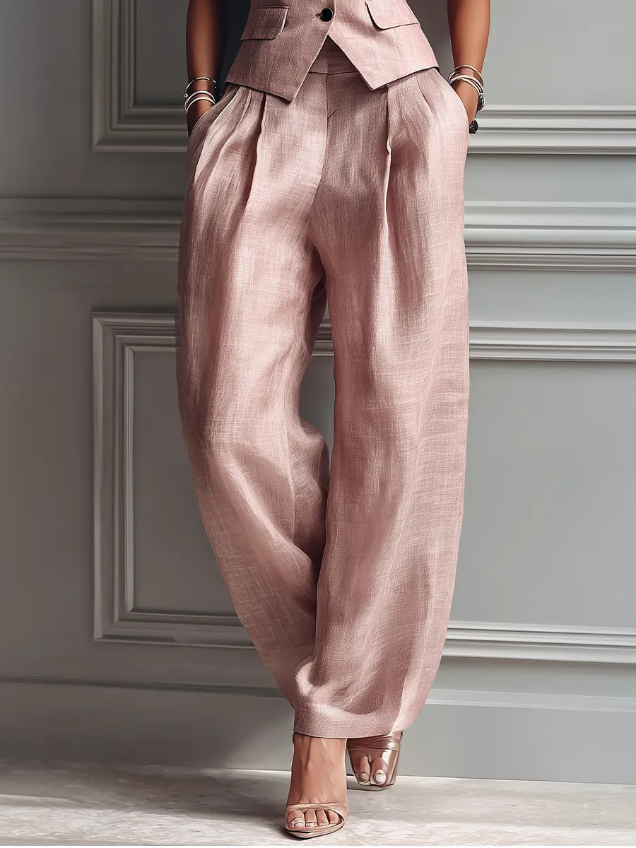 Women's Blush Pink Linen Fabric Sleeveless Vest & Wide-Leg Pants Two-Piece Set With Lapel Collar MDZ3005A5T