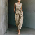 Momocco Elegant Knot-Waist Sleeveless Jumpsuit - Tailored V-Neck Wide Leg One-Piece