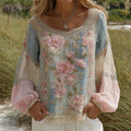 Women's Floral Embroidered Round Neck Comfortable Top