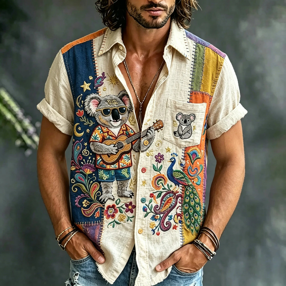 Men's Hippie Style Patchwork Art Print Casual Shirt