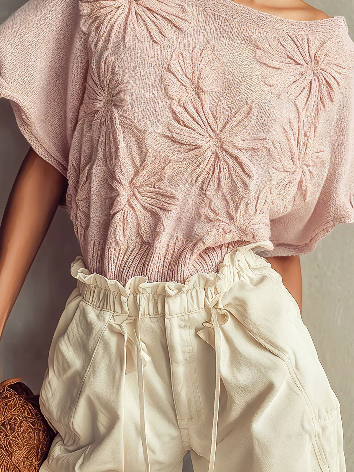 Pink Short Sleeve Floral Knit Sweater