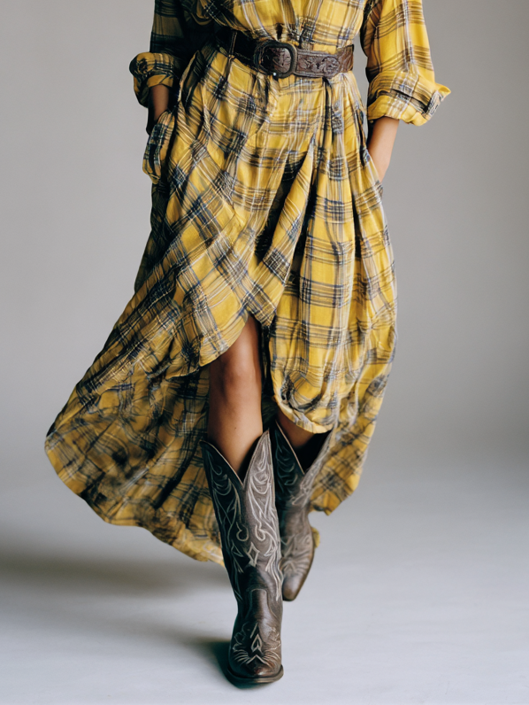 Women's Plaid Short Front And Long Back Shirt Maxi Dress(Belt Not Included)