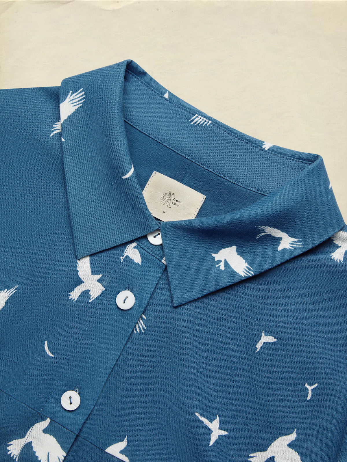 Maxi Linen Dress, Long Sleeves, Shawl Collar, Bird, Button Design, Vintage, Blue