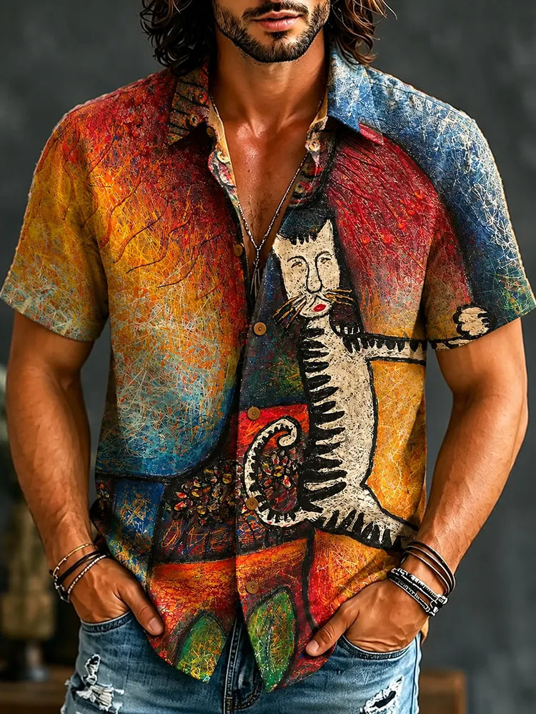 Men's Retro Hippie Cute Cat Gradient Pattern Print Short-sleeve Shirt