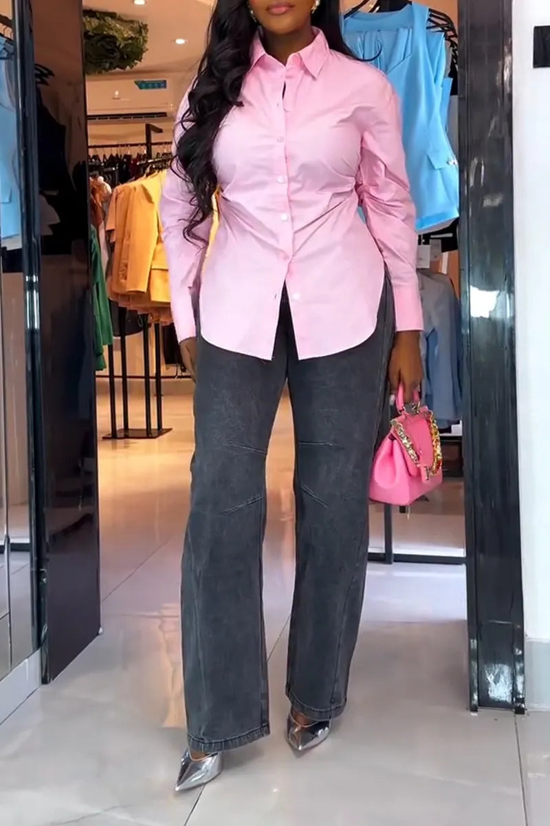 Women Collared Pleated Shirt or Wide Leg Jeans
