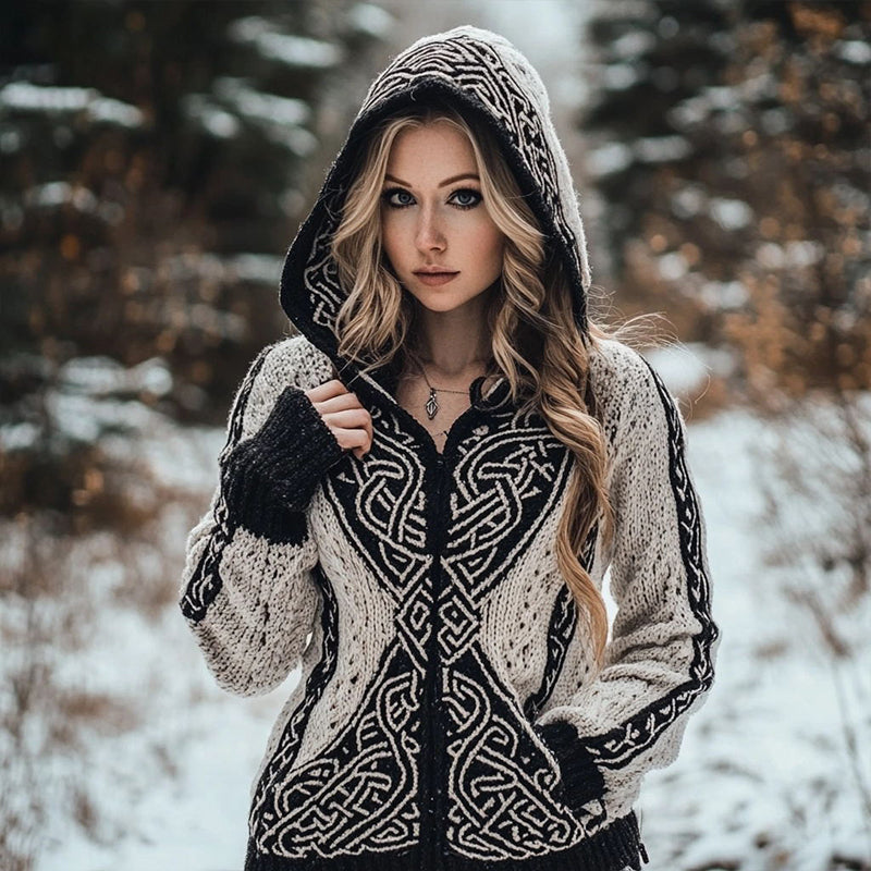 Women's Vintage Viking Inspired Celtic Knot Knit Hooded Cardigan