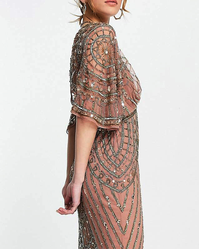 Beaded Sequined Cape Sleeve Slit Midi Dress