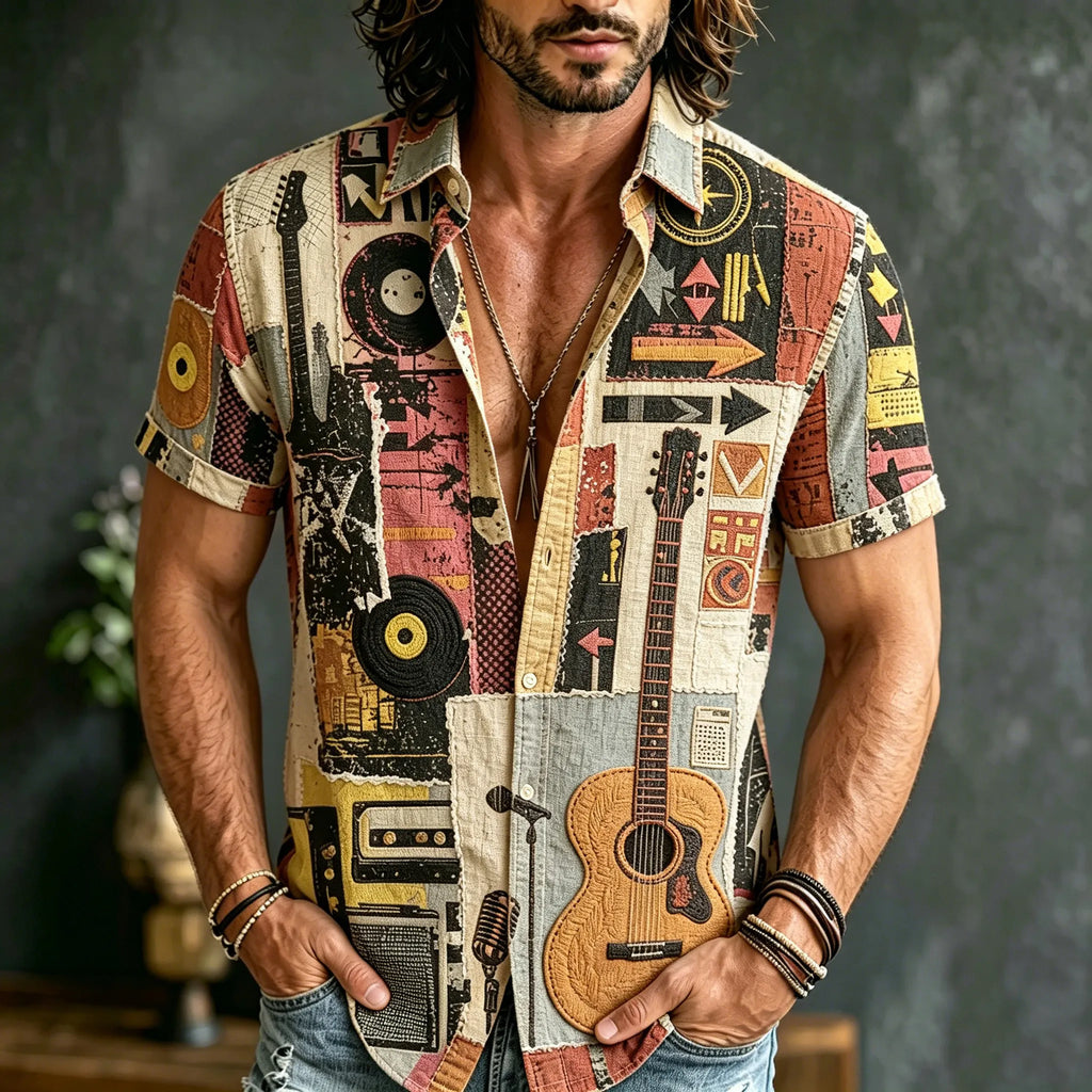 Men's Retro Hippie Style Music And Guitar Embroidered Print Short-sleeve Shirt