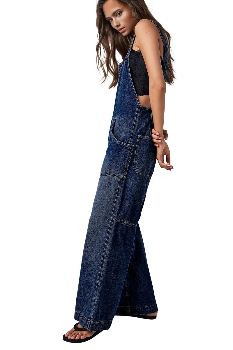 Casual Denim Jumpsuit for Women Overalls Wide Leg Jumpsuit Jeans Denim Bib Overalls Dungaree Pockets
