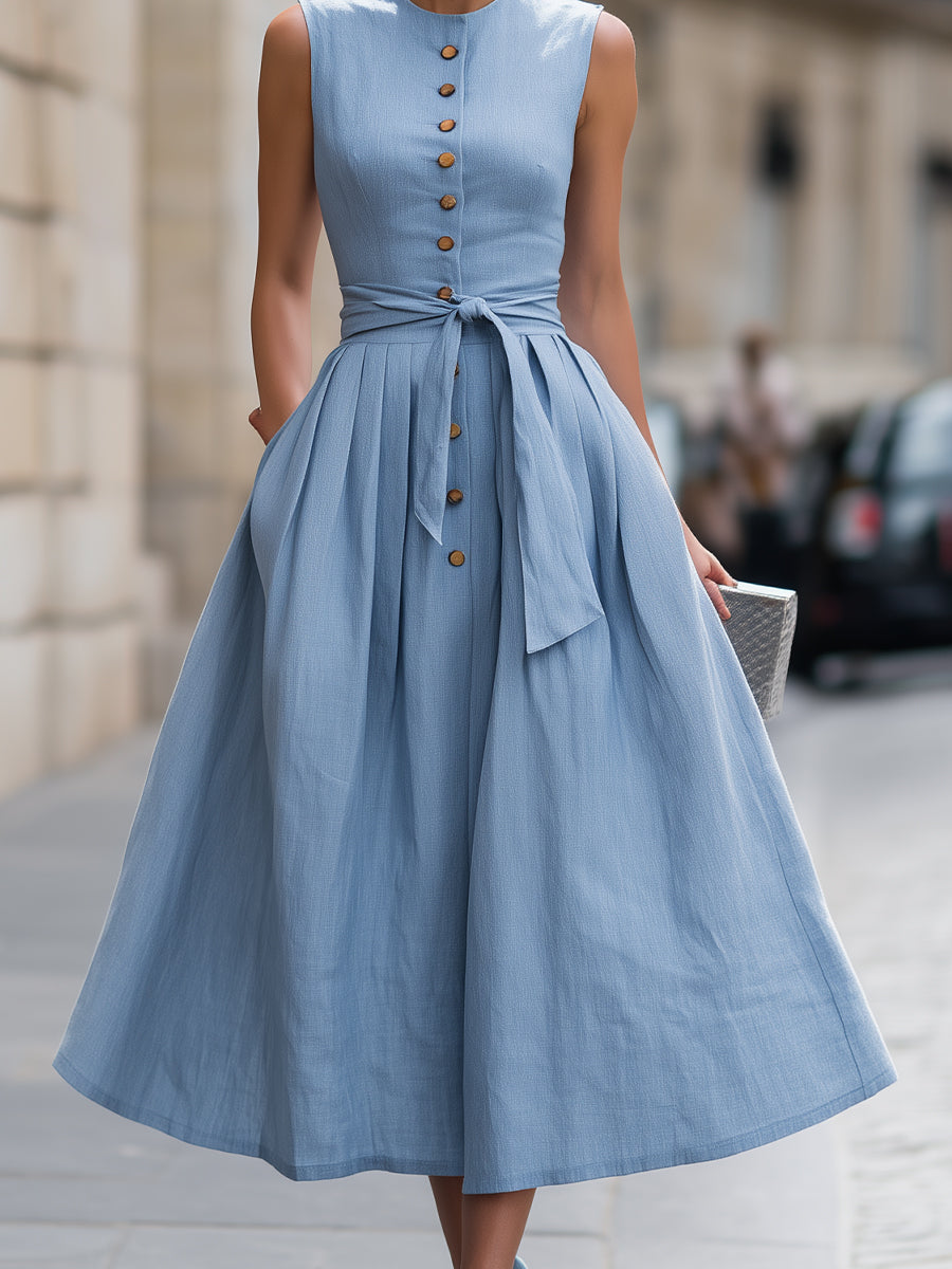 Sleeveless Button-Front Tie Waist Midi Dress
