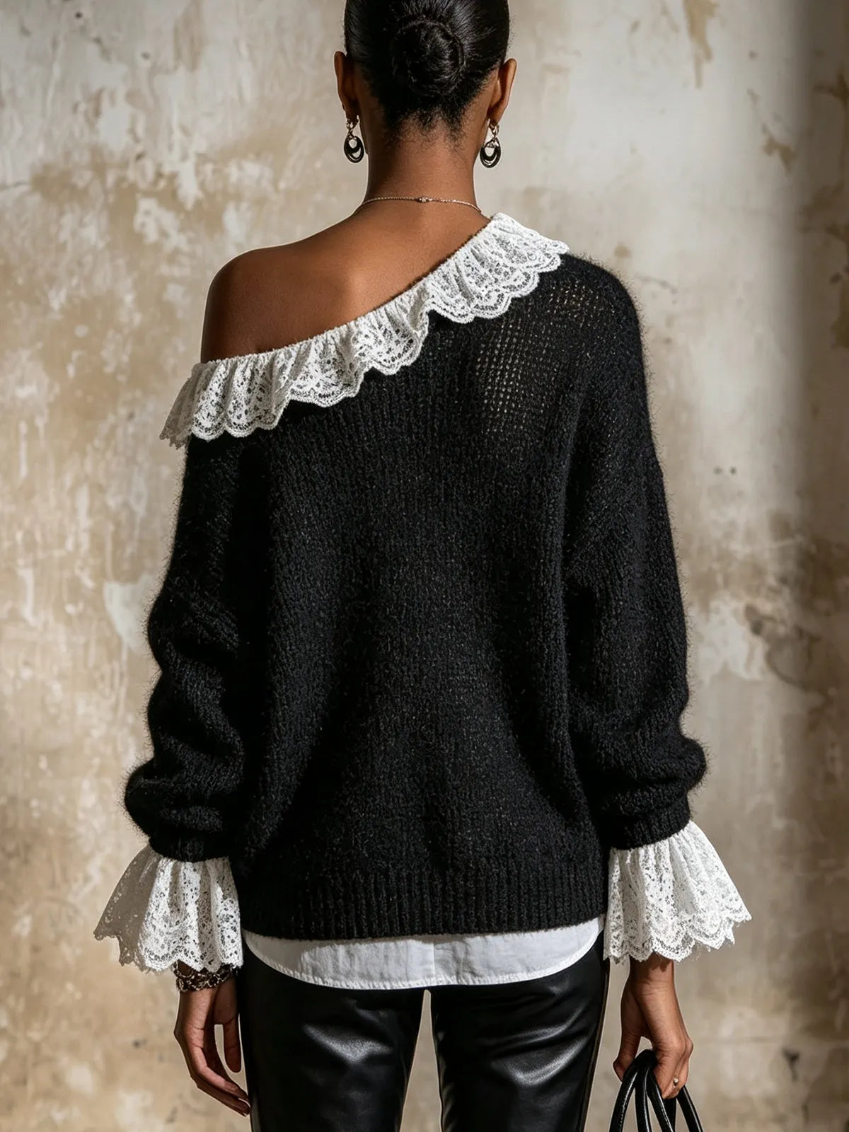Black Mohair Off-The-Shoulder Sweater With White Lace Trim