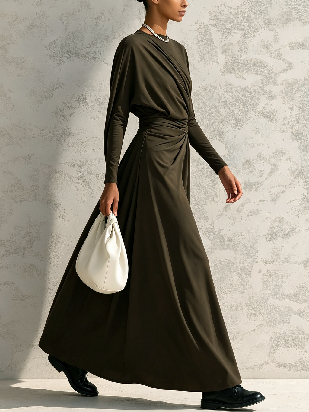Olive Green Draped Asymmetrical Maxi Dress