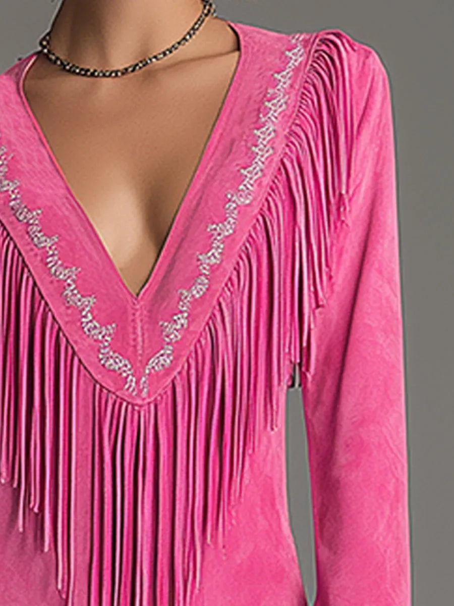 Western-style Retro Embroidered Tassel Pink Faux Suede Mini Dress