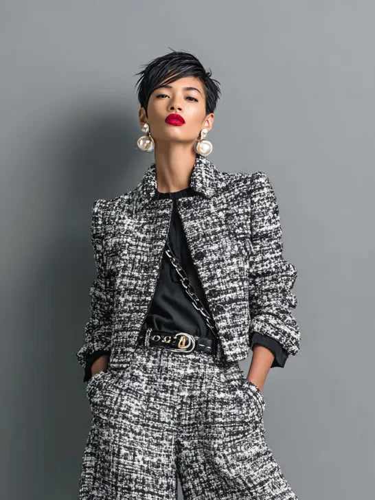 Women's Tweed Blend Single-Breasted Cropped Jacket And Wide-Leg Pants Set MDA2589H6Y