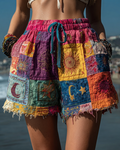Women's Summer Star and Moon Theme Embroidered Contrast Color Linen Shorts 587f