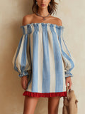 Blue And White Striped Off-Shoulder Mini Dress With Red Ruffle Hem