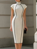 High-Neck Black Piping Cap-Sleeve Bodycon Midi Dress