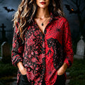 Women's Retro Halloween Style Cat And Rose Floral Embroidered Print Shirt