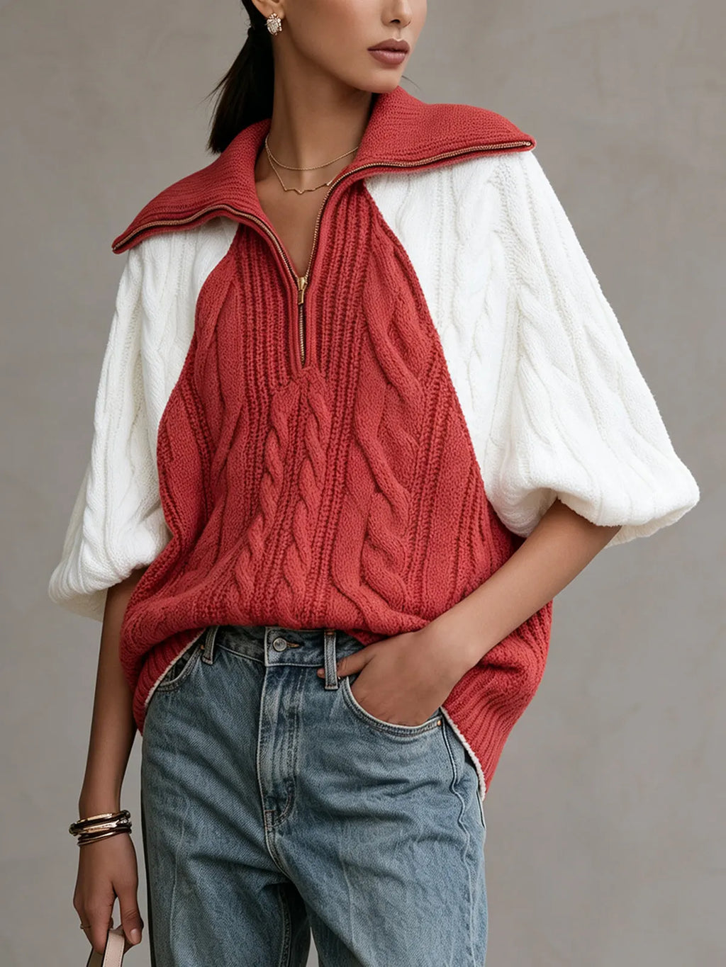 Coral Colorblock Cable Knit Half-Zip Sweater