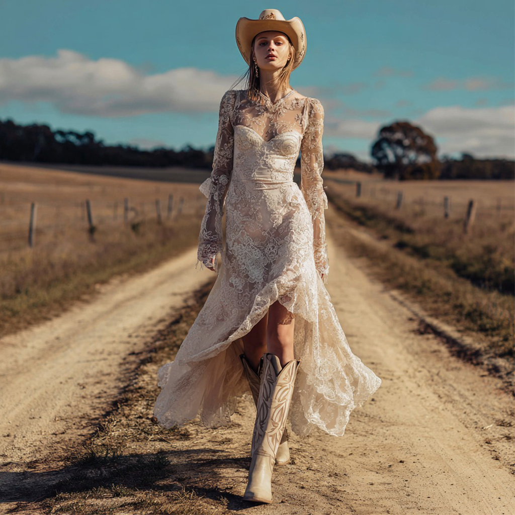 Women's Vintage Elegant Western-Inspired Lace Gown
