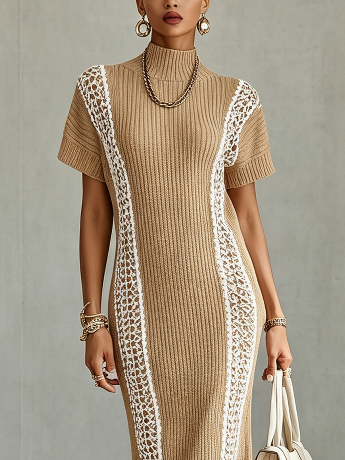 Khaki Ribbed Knit Maxi Dress With Contrast Lace Patchwork