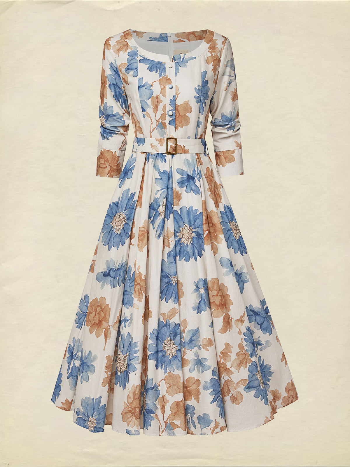 Midi Cotton Dress, Half Sleeve, Round Neck, Floral, Belt Design, Vintage, Khaki