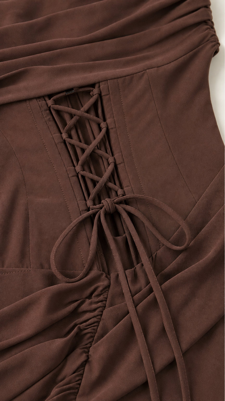 One-Shoulder Ruched Corset Maxi Evening Gown with Lace-Up Back