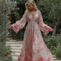 Vintage Floral Embroidered V Neck Casual Maxi Dress