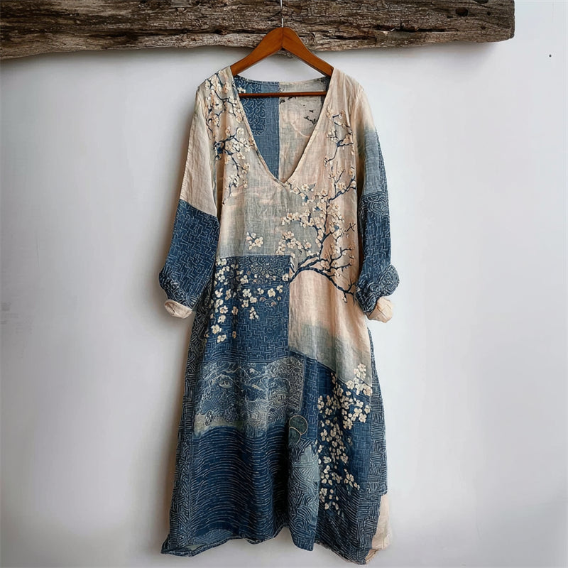 Cherry Blossom Sea Waves Japanese Sashiko Art Linen Mini Dress