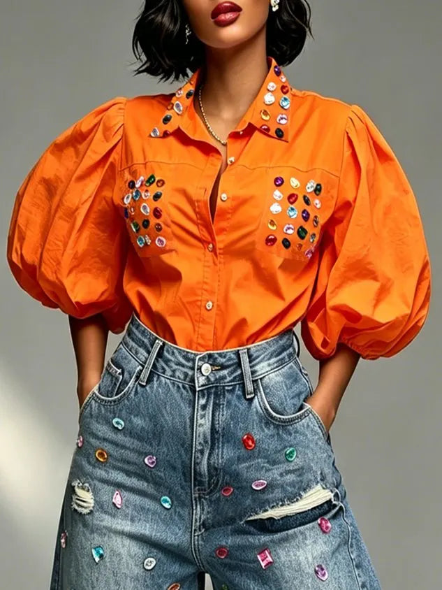 Cotton Casual 3D Printing Gemstone Pattern Shirt Collar Puff Sleeve Shirt