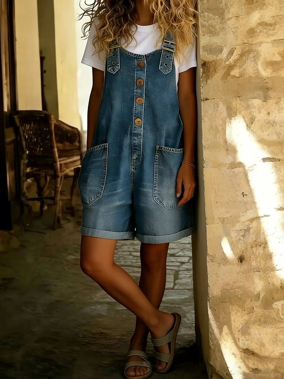 Women's Y2K Denim Shortalls Button Front Wide Leg Loose Bib Jean Overalls Shorts Romper Jumpsuits Vintage